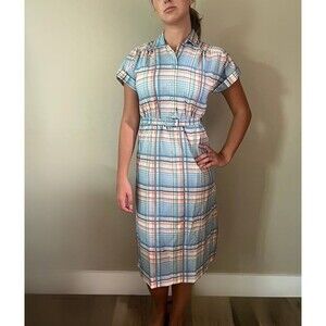 1960s Deadstock Vintage Rockabilly Blue Plaid Shirt Dress + Belt sz 10